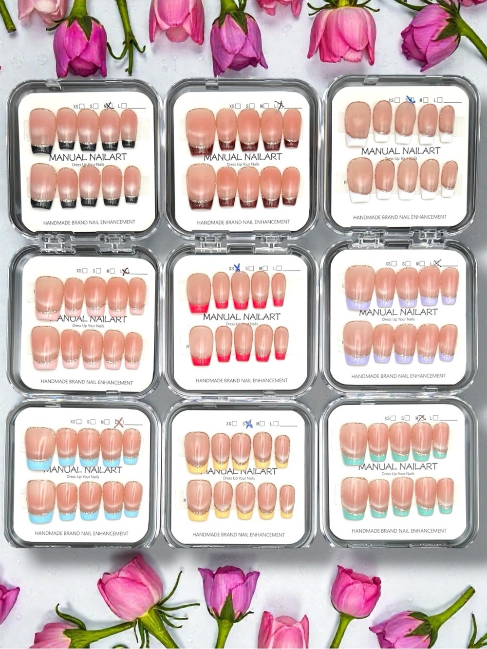 3 Sets Mystery Press-On French Tip Nails | Coffin Shape | Sizes XS–L